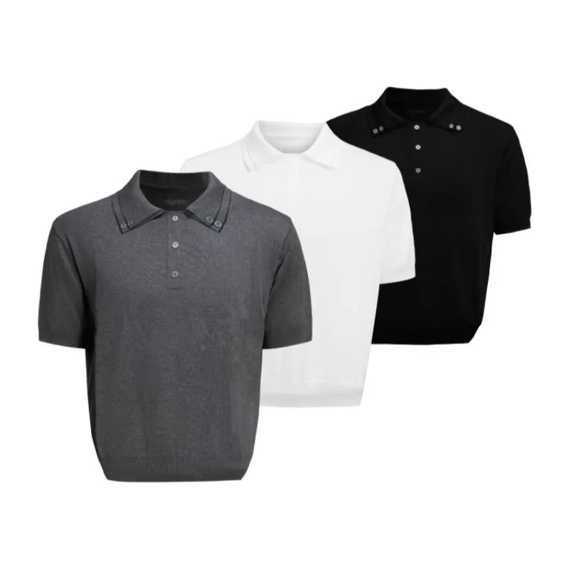 Men's slim fit short sleeve knitted shirt with double collar design in black, grey or white