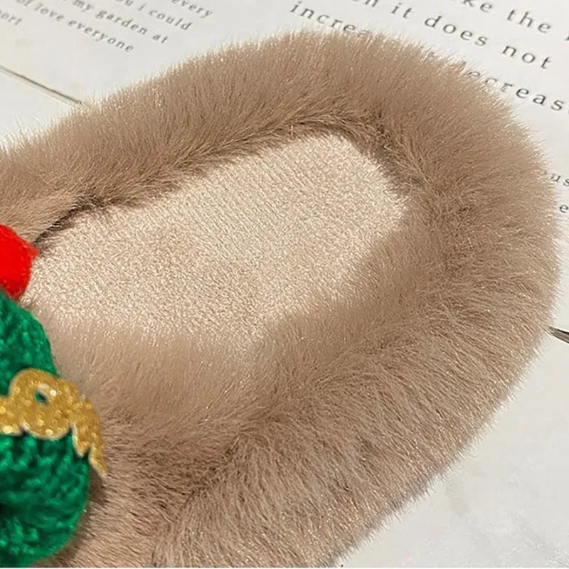 Women's Christmas hat decoration slippers in faux plush, showing black, khaki, and white colour options.
