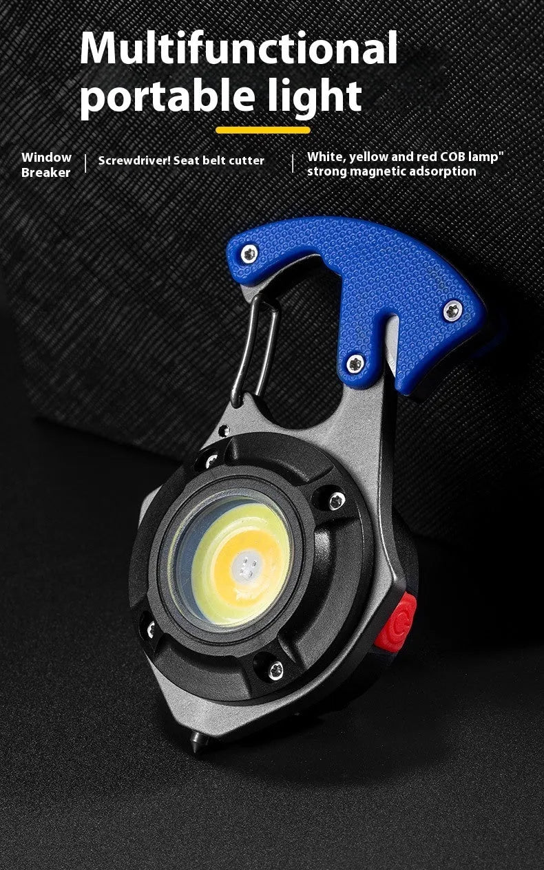 Portable multifunctional keychain rechargeable flashlight with window-breaking hammer and screwdriver tools.