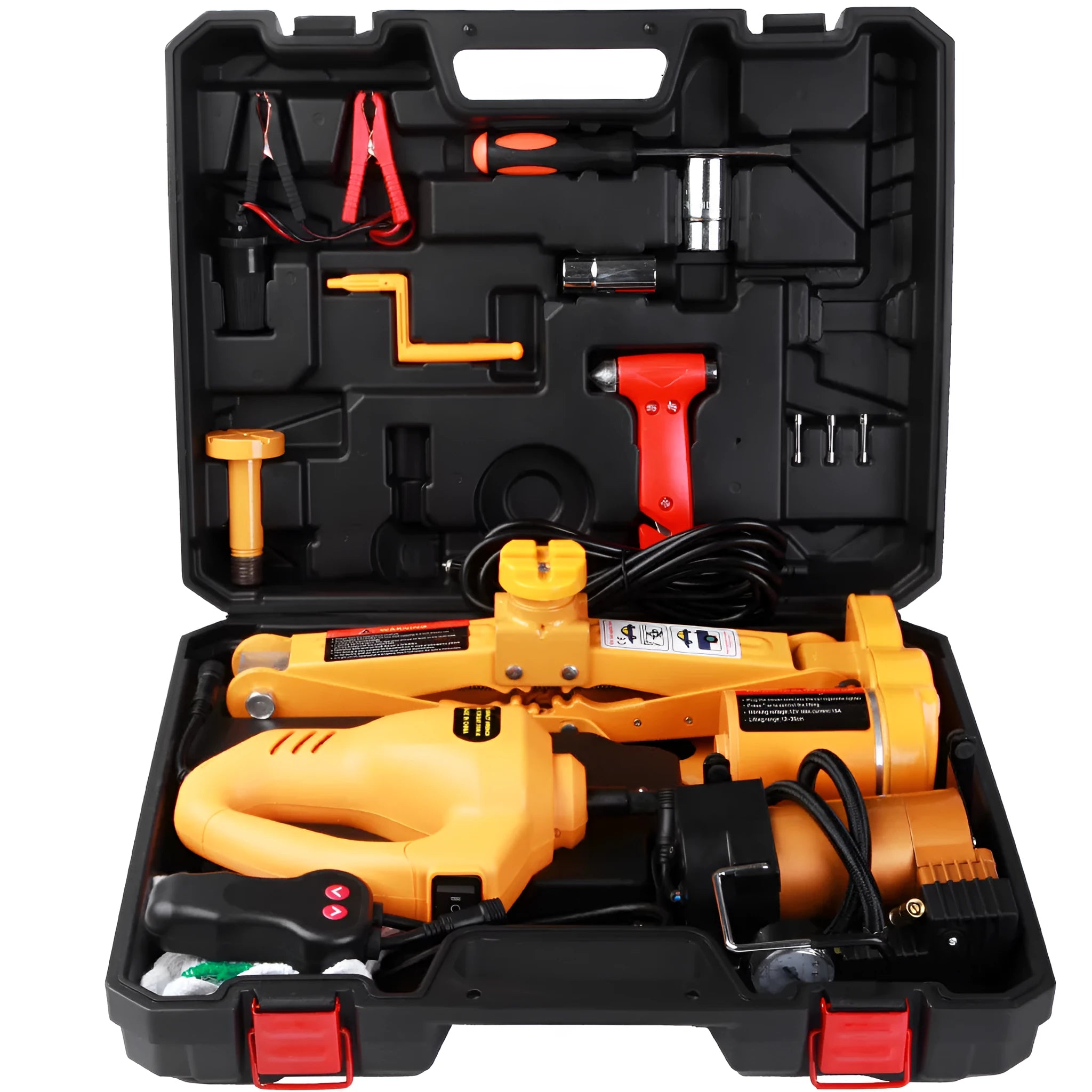 Yellow electric car jack set with powered wrench for tyre changes and vehicle lifting