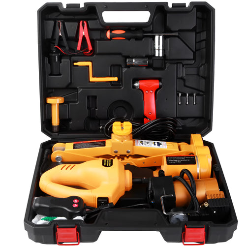 Yellow electric car jack set with powered wrench for tyre changes and vehicle lifting