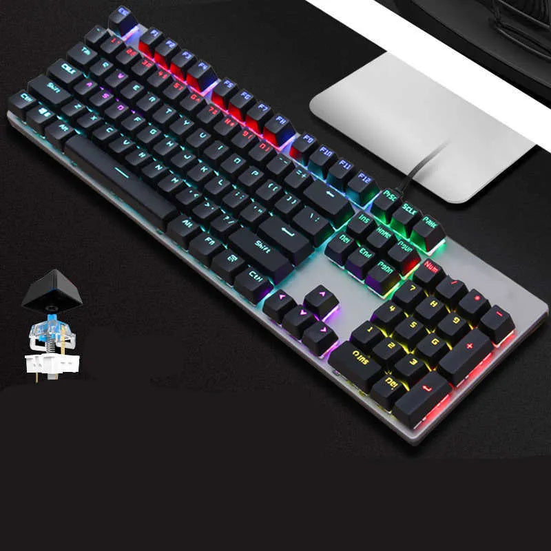 AOC GK410 mechanical keyboard with 104 keys, USB cable, and metal construction showing keyboard from top angle