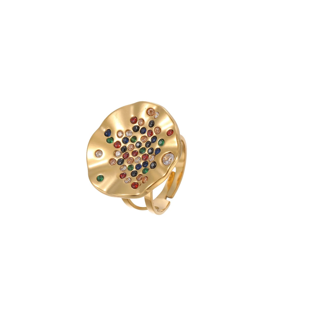 Geometric stainless steel ring with pleated inlaid design in open mouth construction