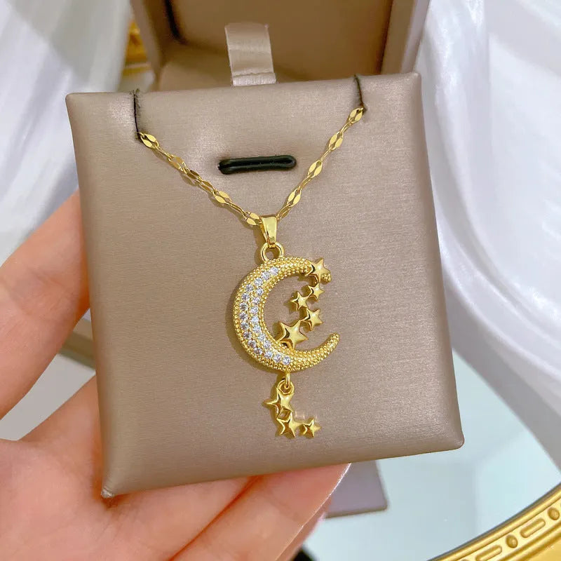 Geometric moon pendant diamond necklace with tassel chain in stainless steel and copper