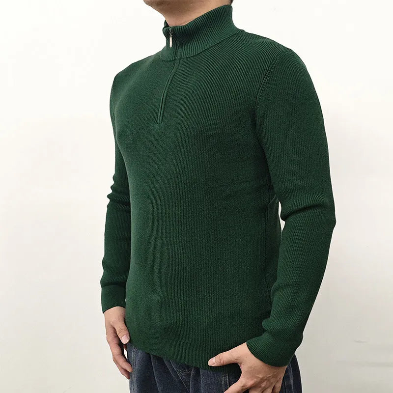 Men's half-turtleneck zip-front sweater in a cotton blend fabric, shown in multiple colours.