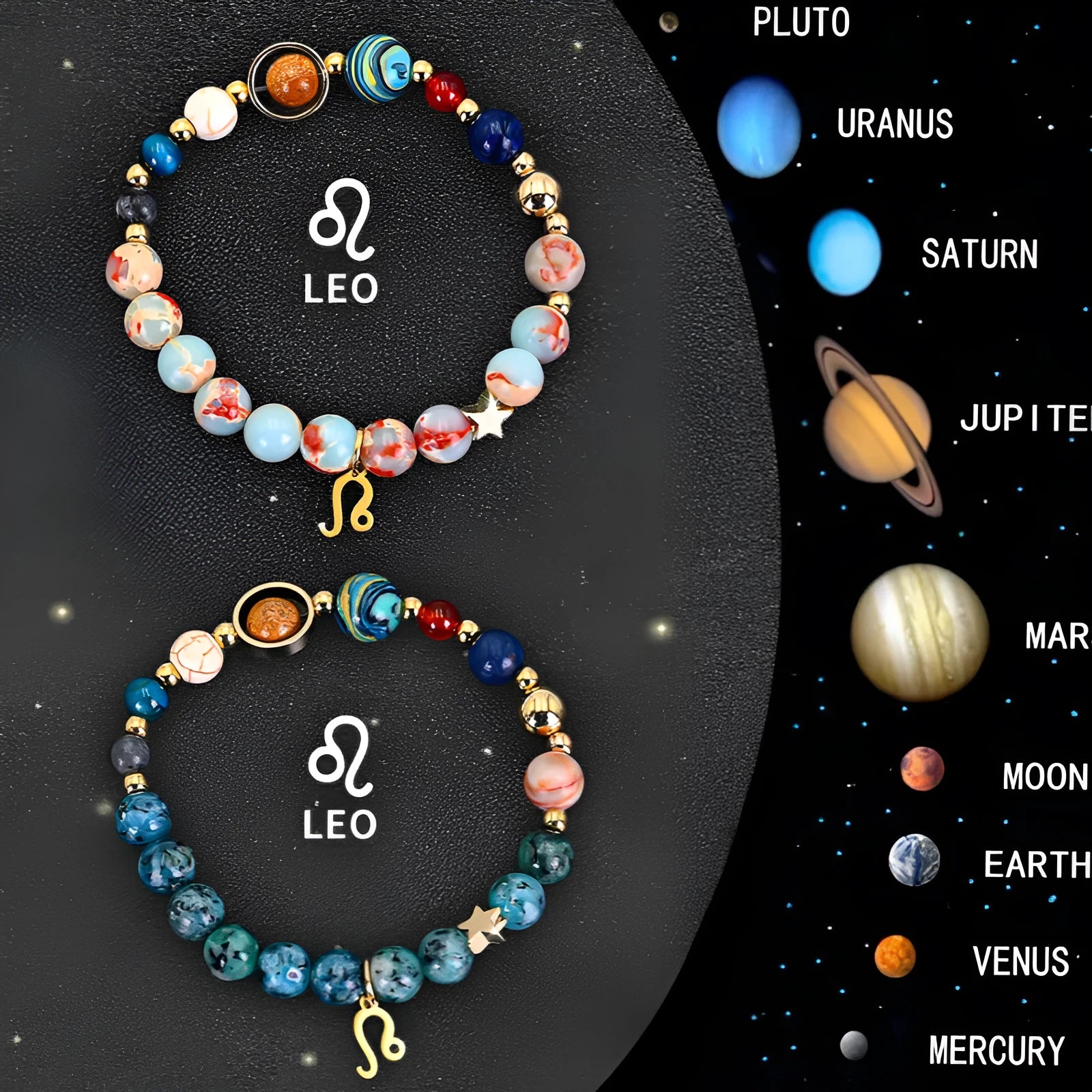 Natural stone bead bracelet set featuring all twelve zodiac signs with two bracelets per style
