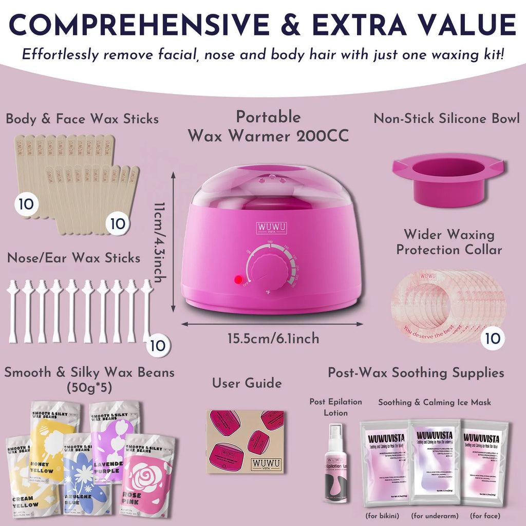 Professional waxing kit with hard wax beans, warmer, five wax variants, and application tools for facial and body hair removal