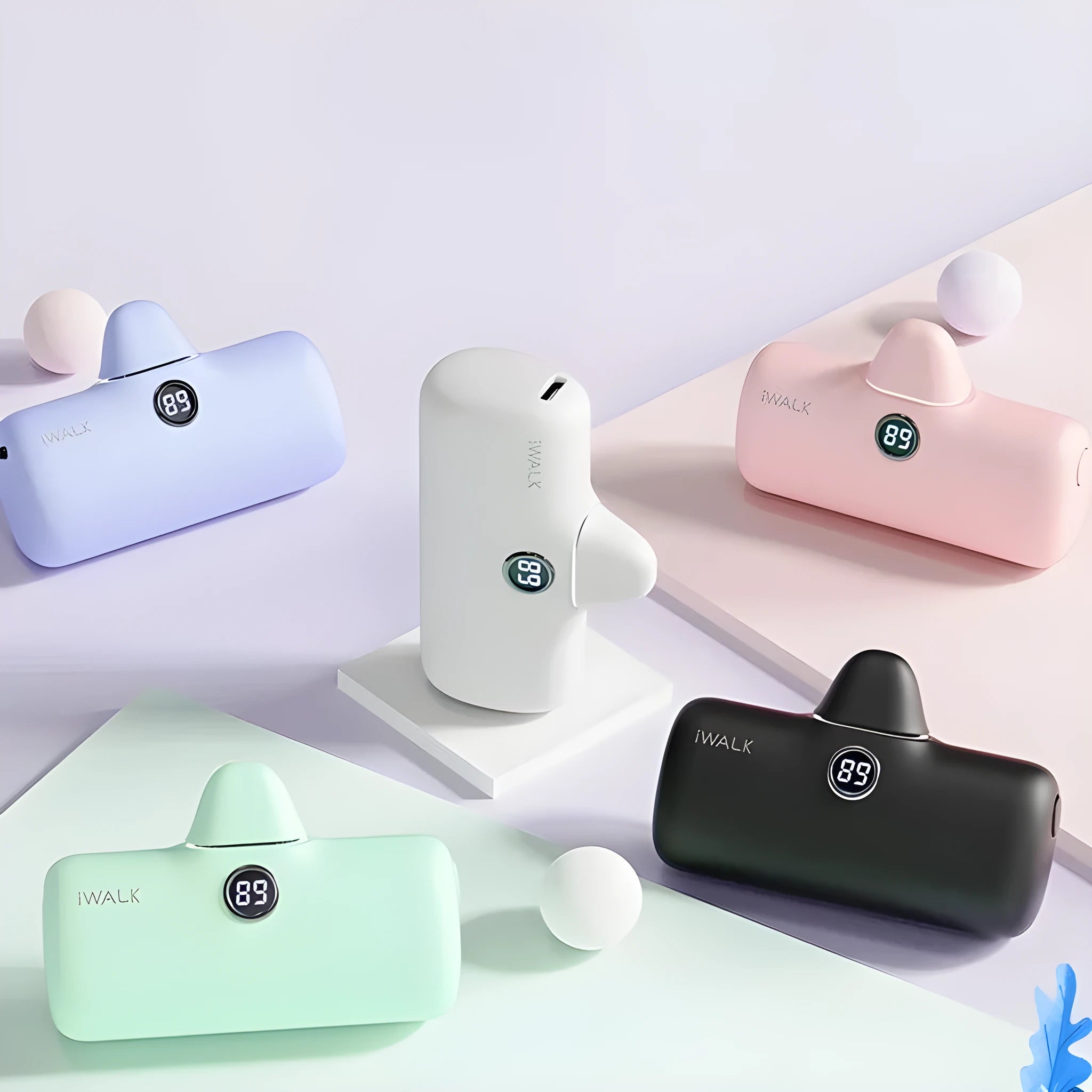 Mini lipstick portable power bank showing colour options and compact dimensions
