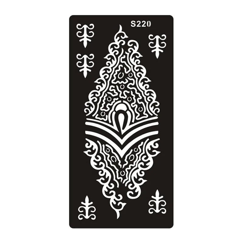 Sheet of hollow geometric and Southeast Asian style temporary tattoo templates on water transfer paper.