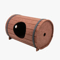 Assembled wine barrel shaped cat bed made from three polyester fibre felt panels with binding straps