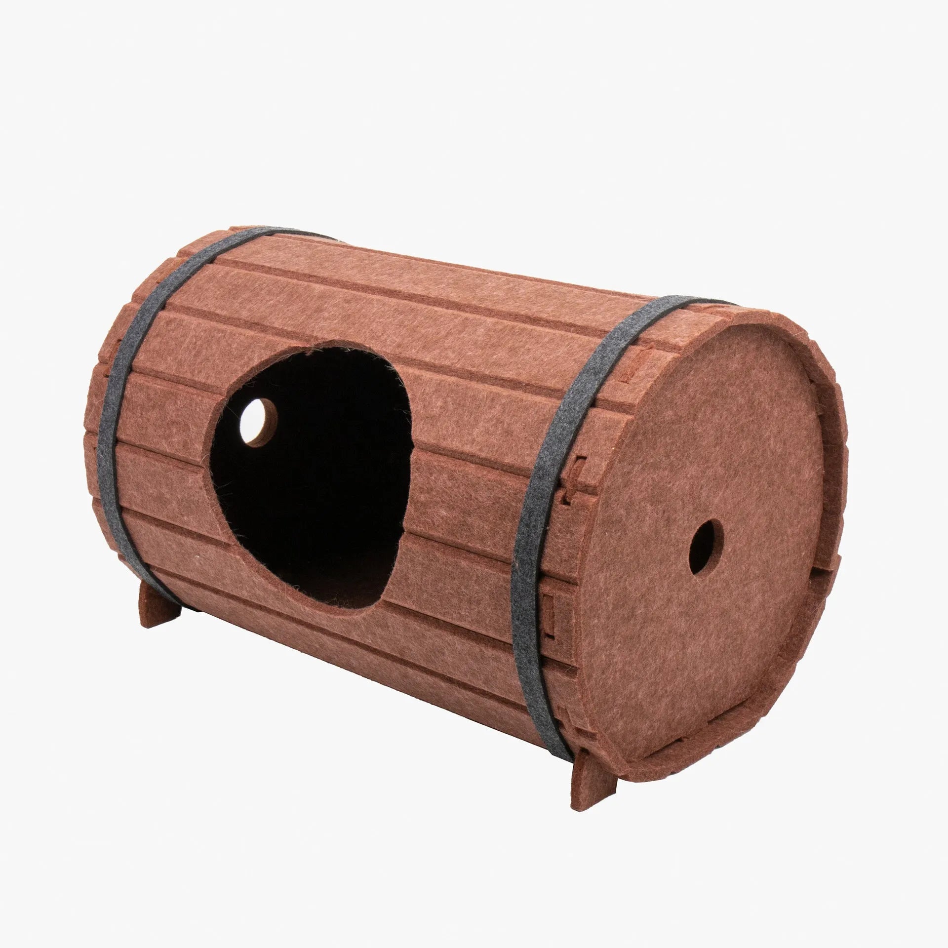 Assembled wine barrel shaped cat bed made from three polyester fibre felt panels with binding straps
