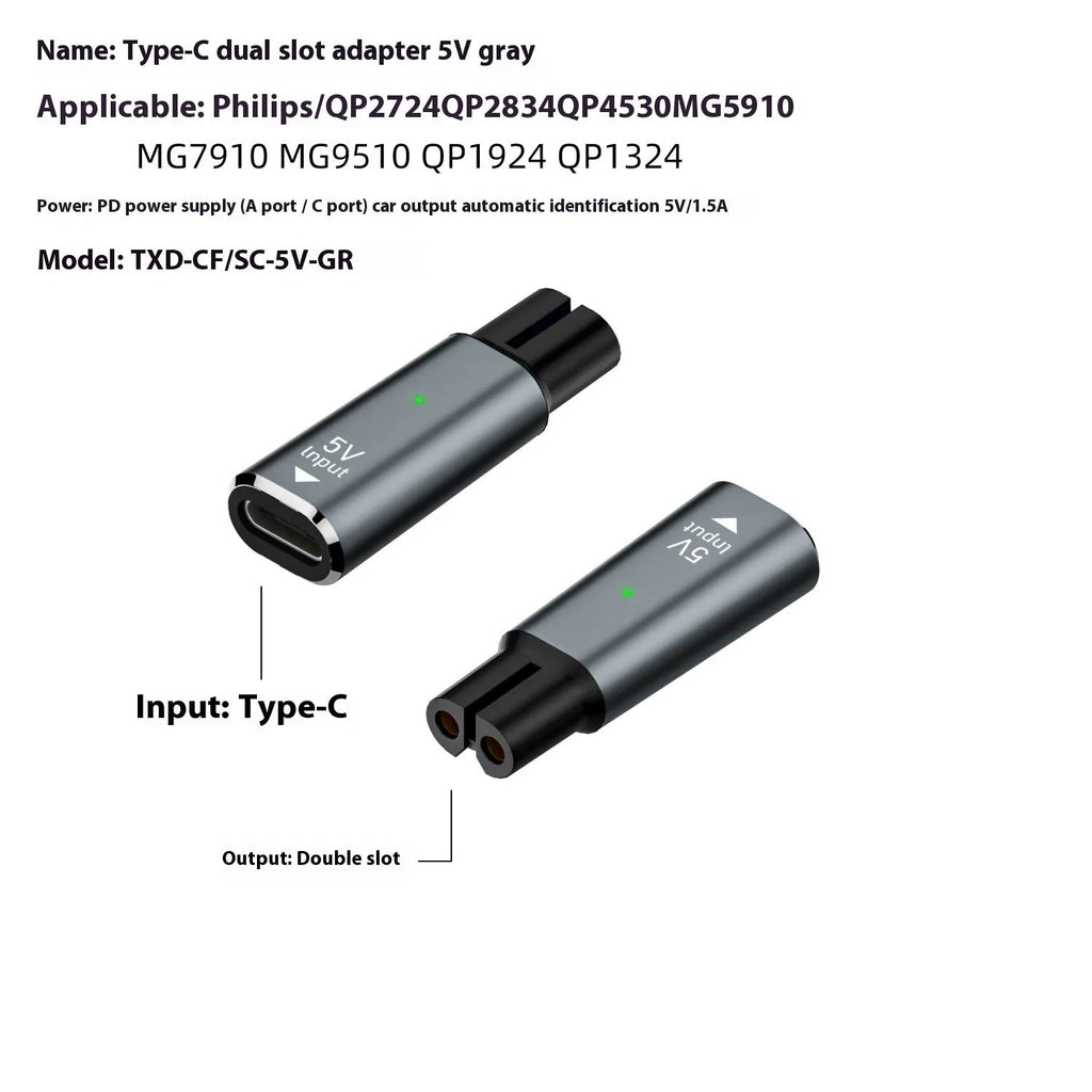 USB-C to 4.3V charging adapter for electric shavers in black or grey aluminium housing