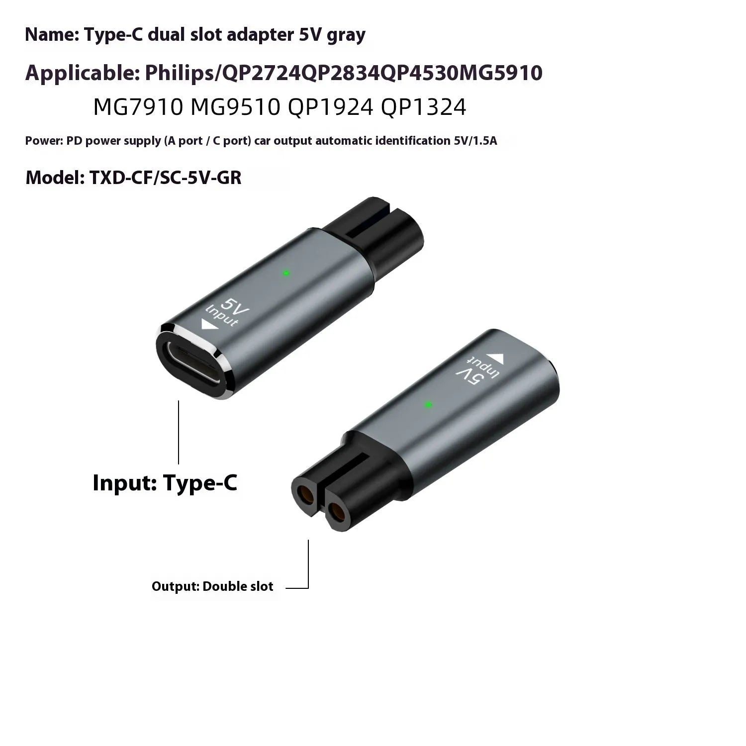 USB-C to 4.3V charging adapter for electric shavers in black or grey aluminium housing