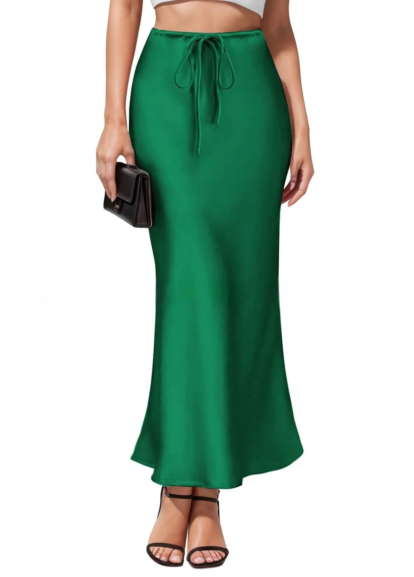 Women's high-waist asymmetric acetate skirt in black showing irregular hem detail