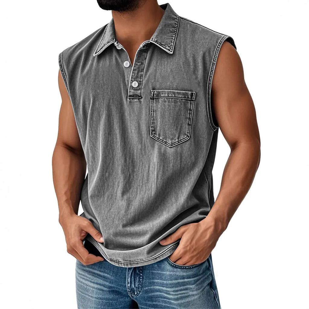 Man wearing 3D digitally printed loose fit polo shirt with button front and short sleeves