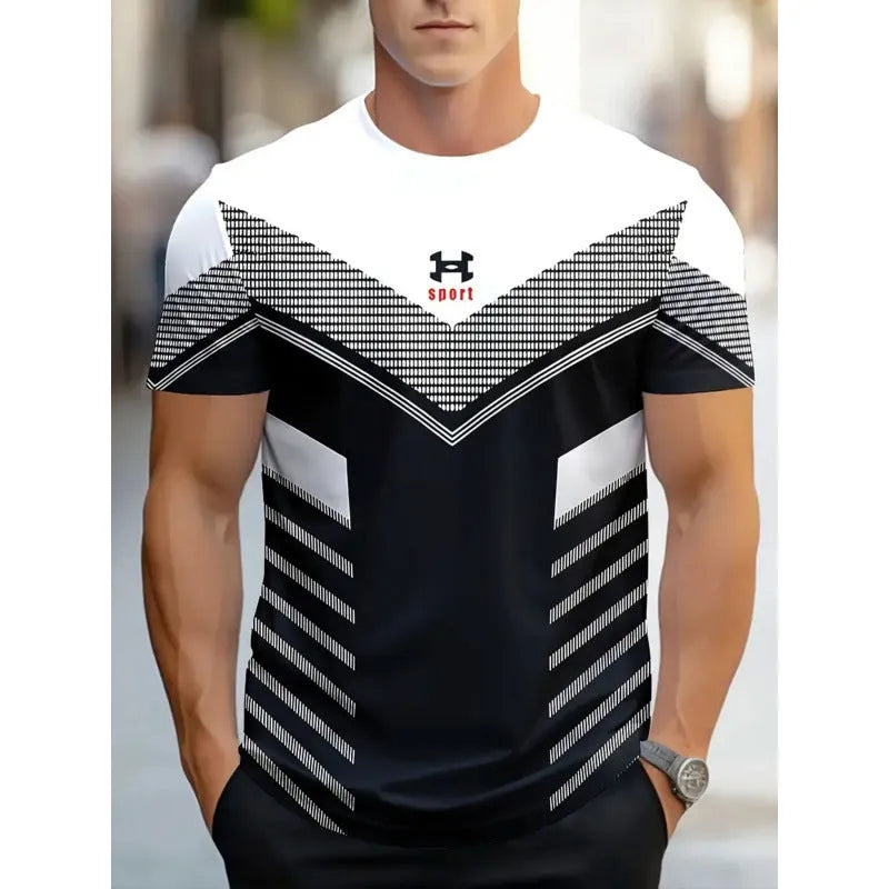 Men's short-sleeved striped t-shirt with digital 3D printing in loose business casual fit