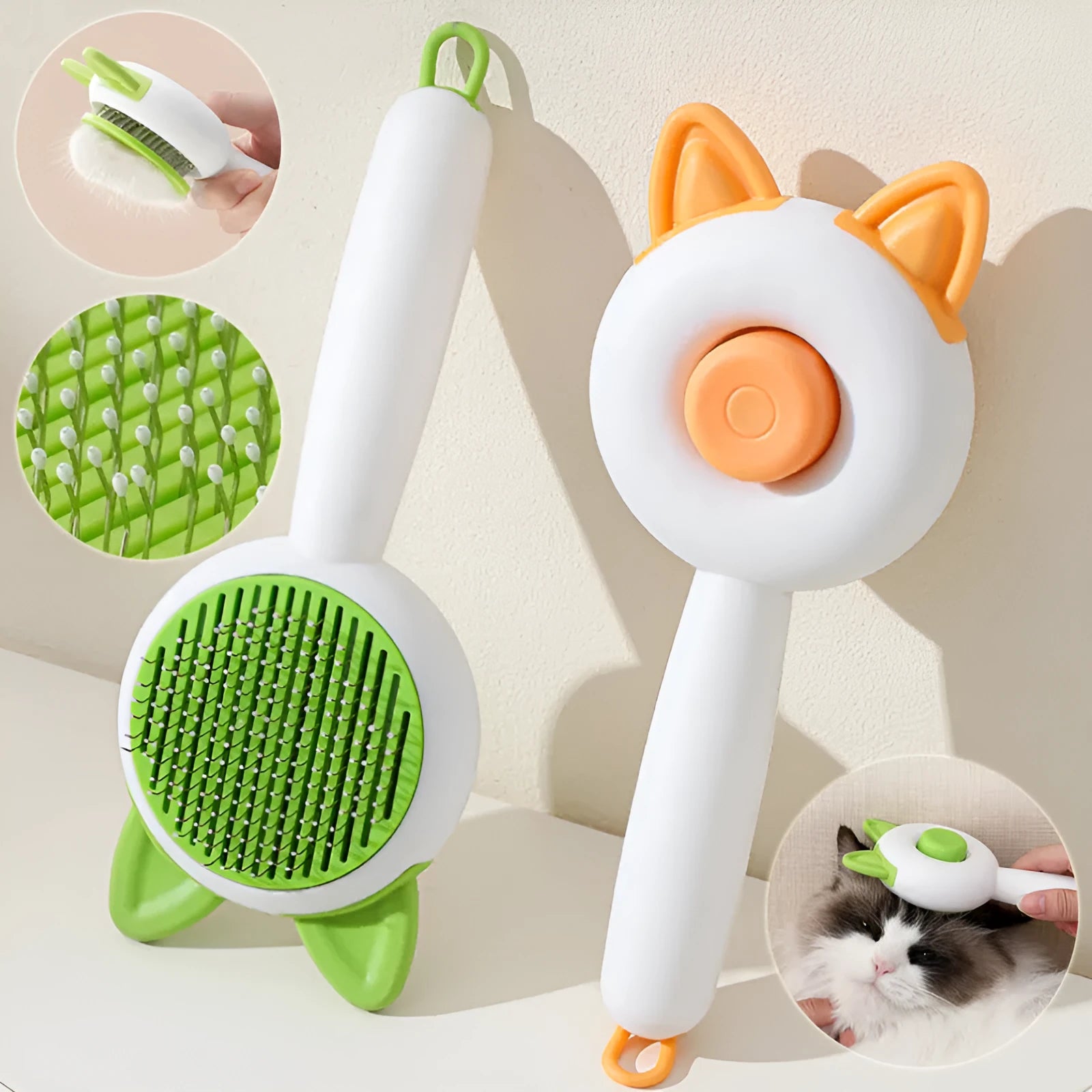 Self-cleaning pet grooming brush with stainless steel teeth in greenish white colour