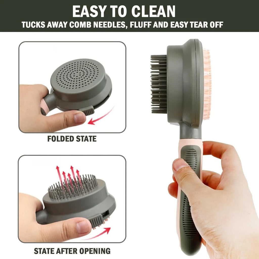 Double-sided cat grooming brush with release button in green and pink colour options