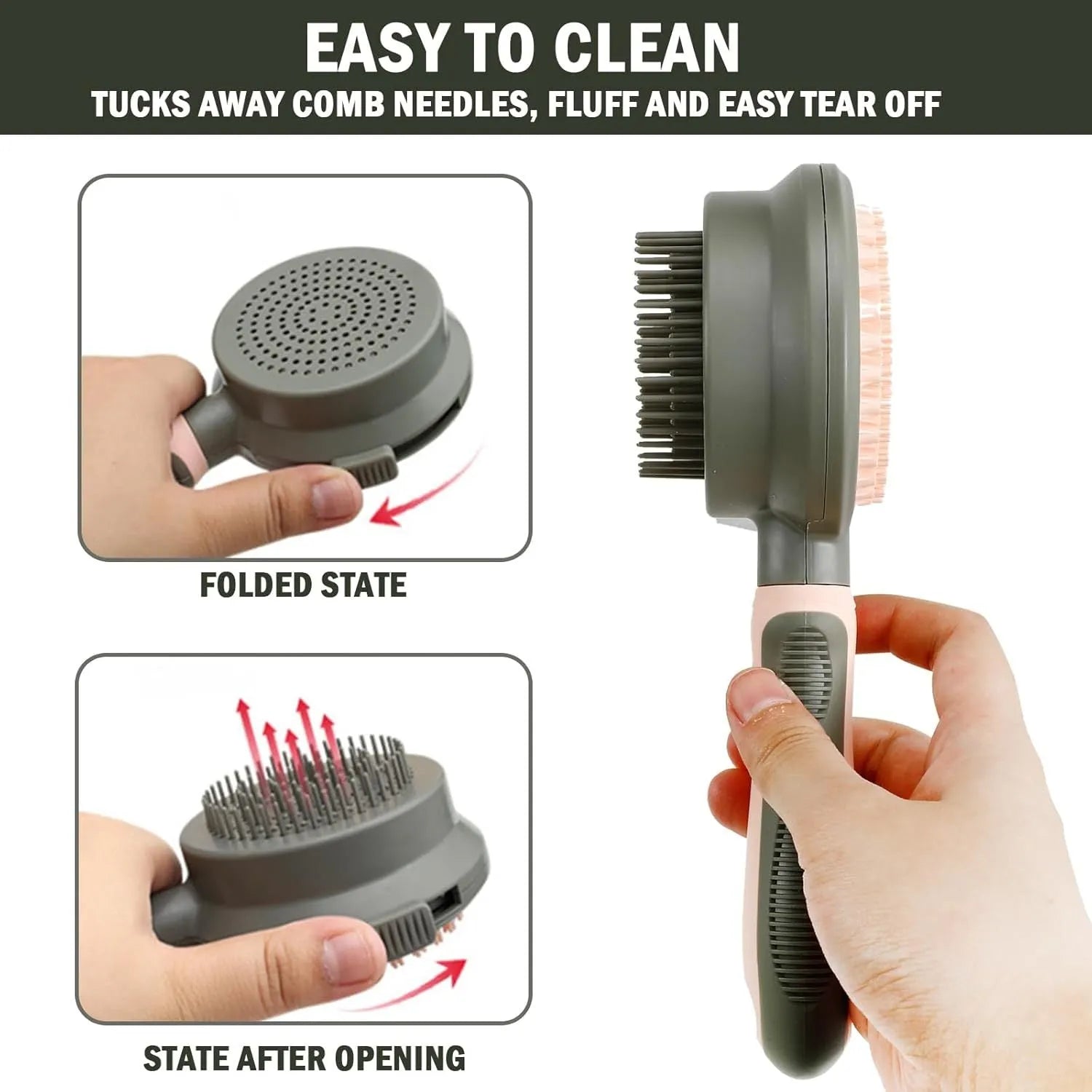 Double-sided cat grooming brush with release button in green and pink colour options