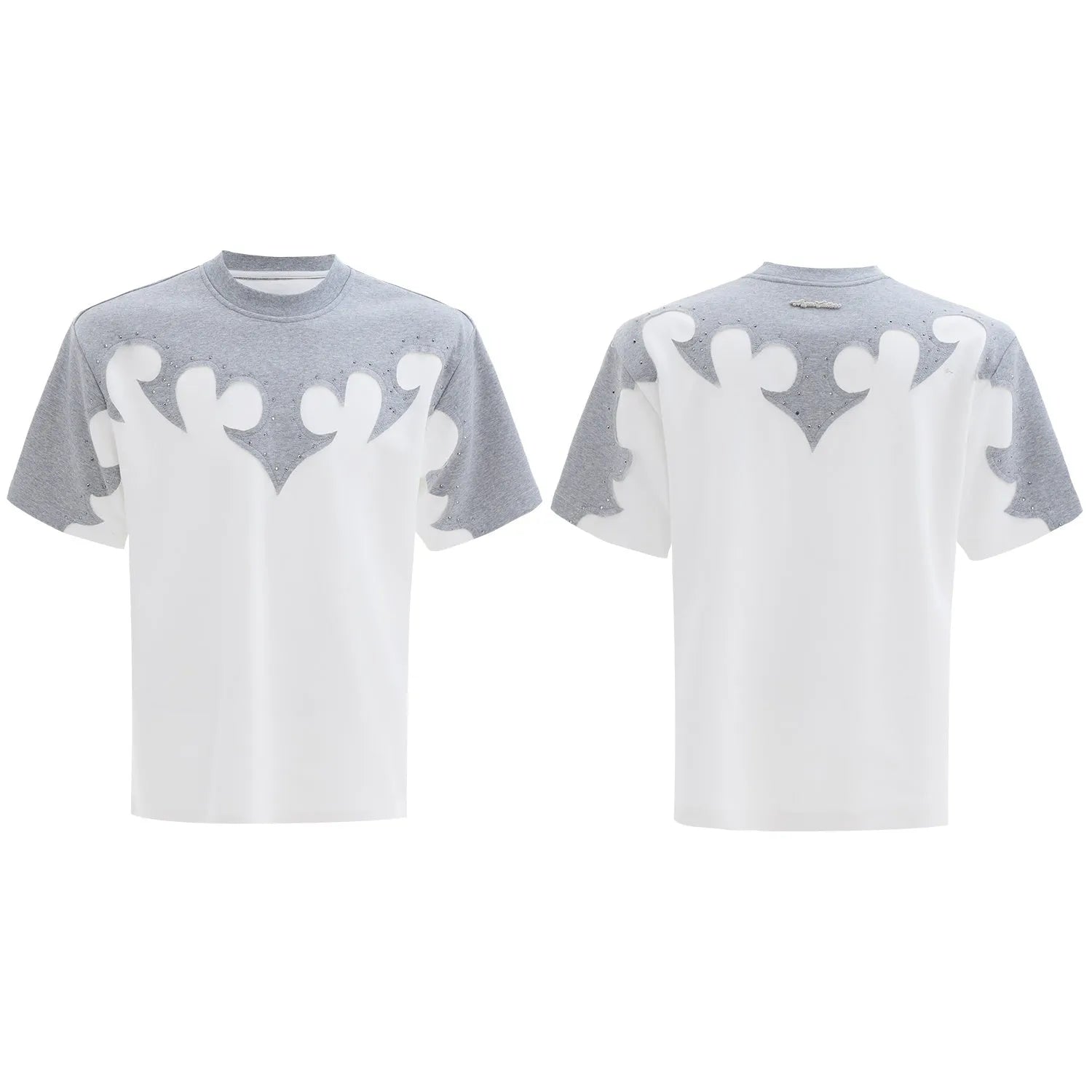 Men's grey cotton t-shirt with three-dimensional stitching and burnt flower rhinestone design
