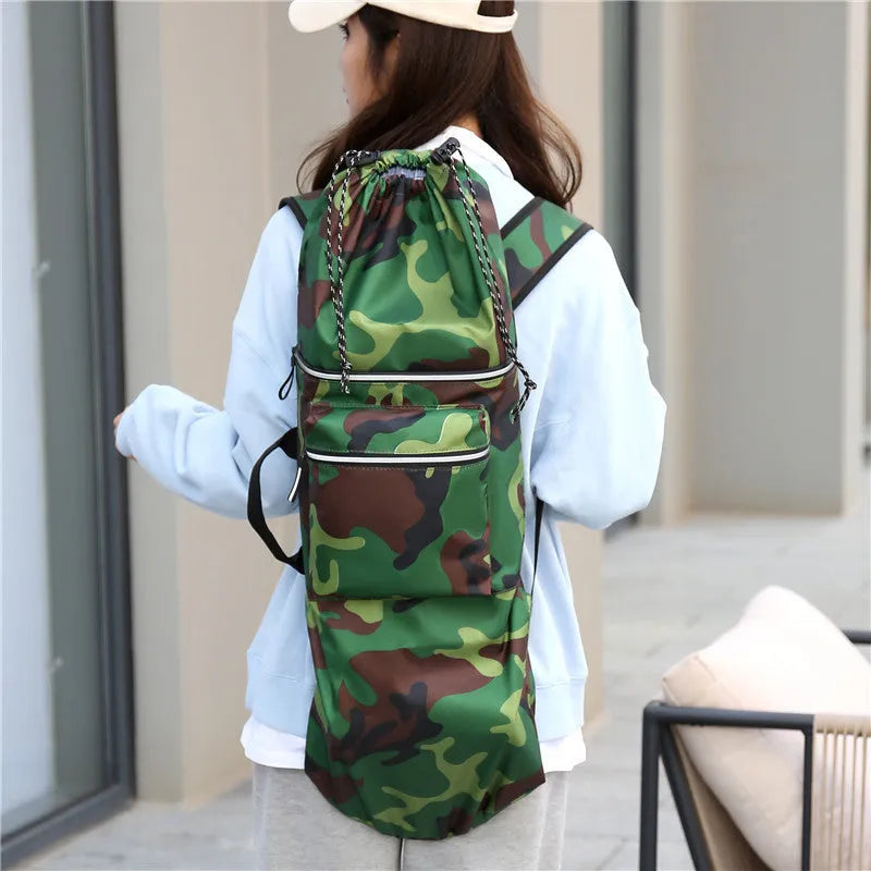 Lightweight waterproof skateboard backpack with camouflage pattern for fishing rods and outdoor sports gear