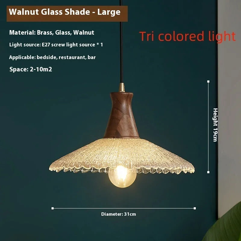 Wood and brass electroplated chandelier with glass shade in three sizes for commercial lighting