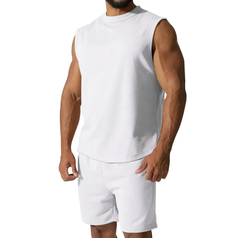 Men's sleeveless sports suit two-piece set in cotton blend fabric showing top and matching shorts