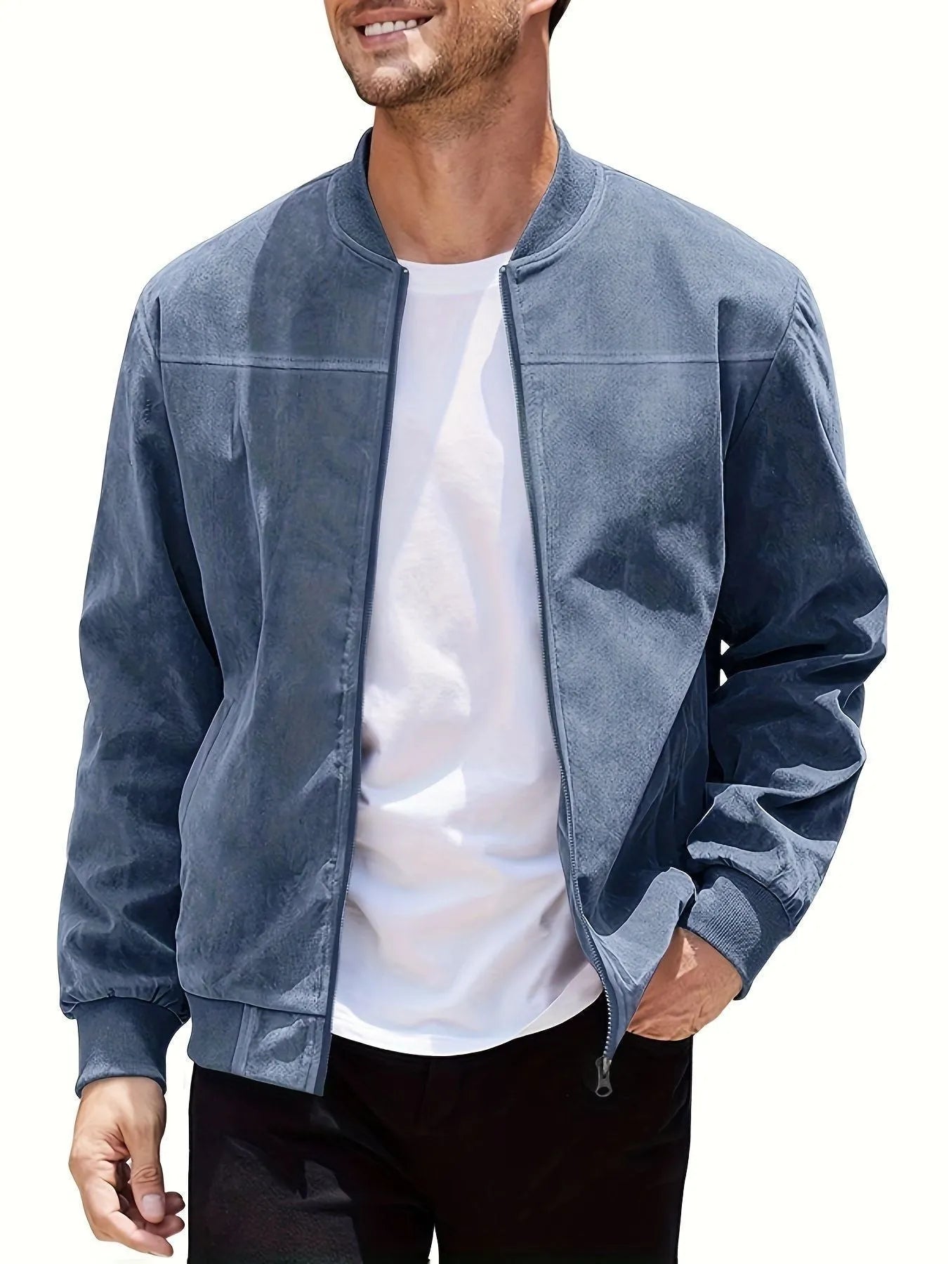 Men's Army Green suede zip-up jacket with a regular fit and standard sleeves on a hanger.