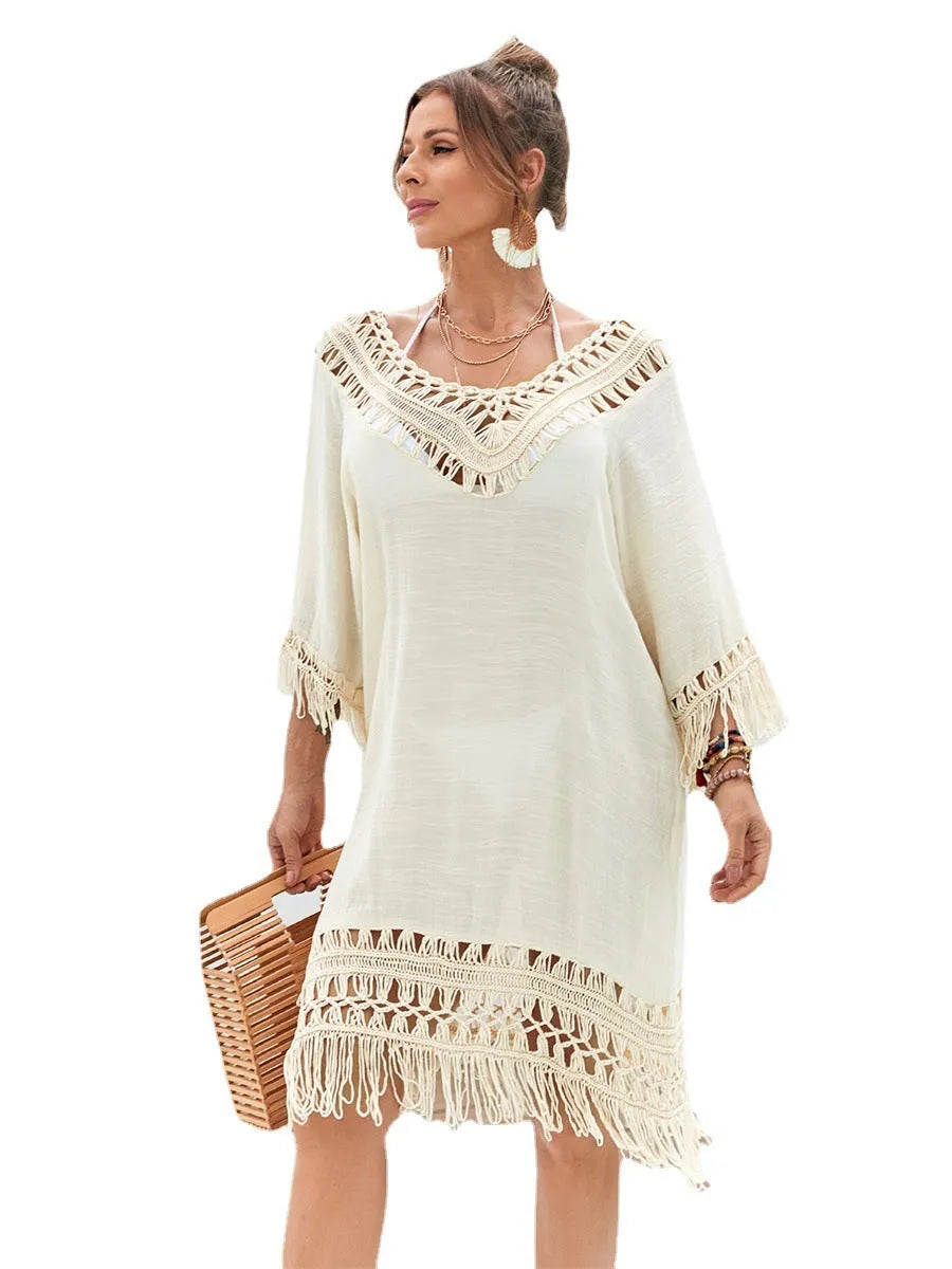 Women's hand-crocheted apricot beach dress with free-size fit for swimming cover-up