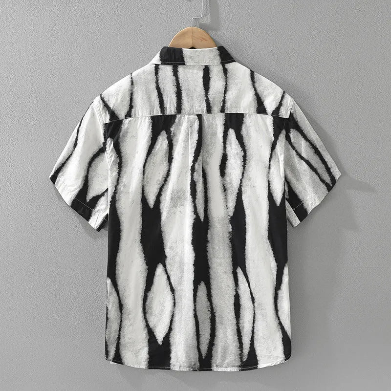 A black and brown striped short sleeve casual shirt made from pure cotton on a hanger.