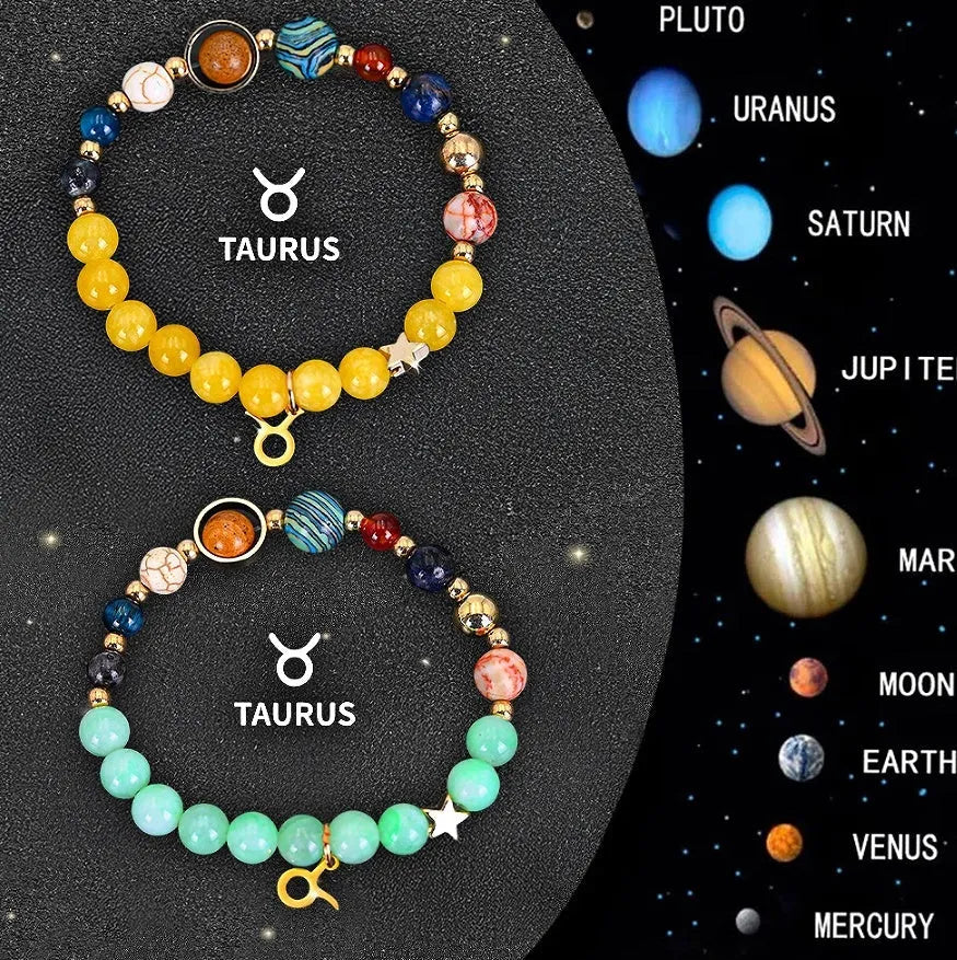 Two natural stone beaded bracelets with zodiac charm pendants on adjustable leather straps
