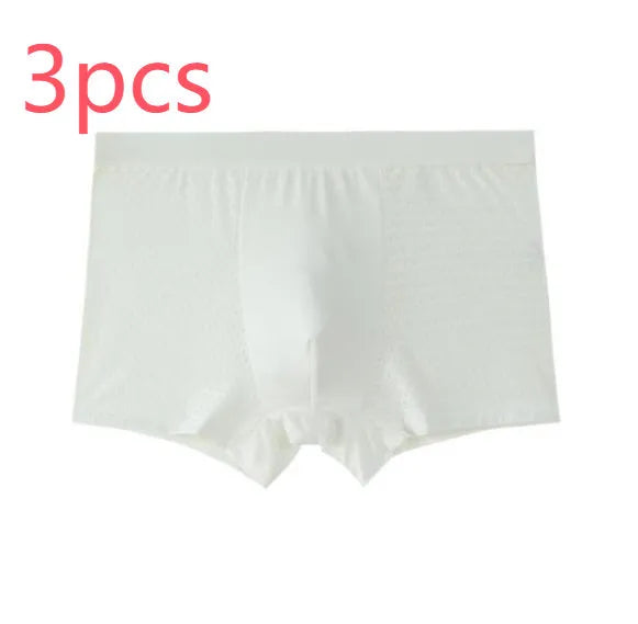 Men's solid colour ice silk modal boxer briefs with U-type convex design and mesh fabric.