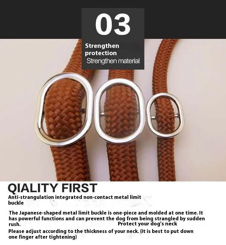 Brown nylon dog lead with P chain section and hand holding rope, 2.1 metres long