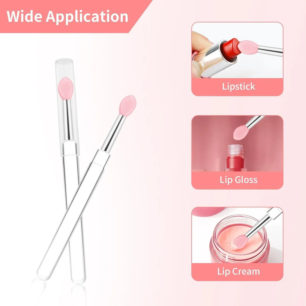 A reusable silicone lip brush with a handle and protective cap, shown in one of eight available colours.