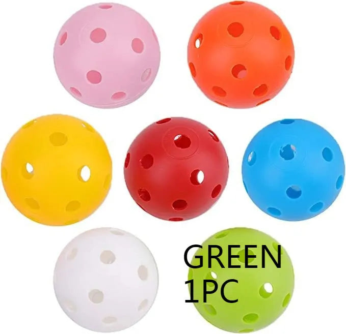 Six multi-colour 42mm golf practice balls in red, orange, blue, green, white, and yellow in a net.