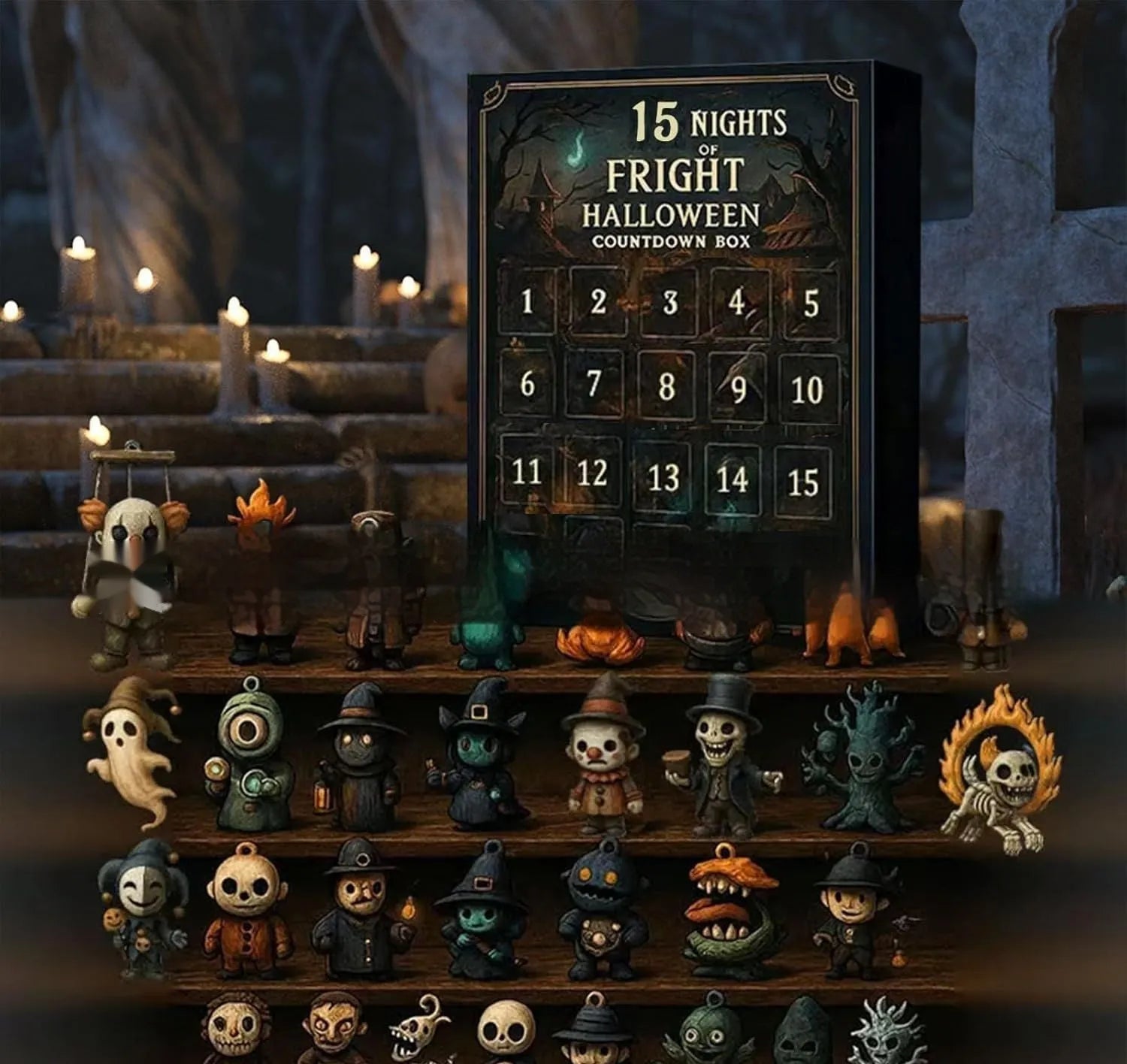 Halloween countdown advent calendar blind box with window displaying resin doll collectibles inside.