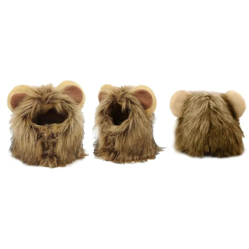 Lion mane wig for cats and small dogs made of plush artificial fur with an adjustable elastic headband.