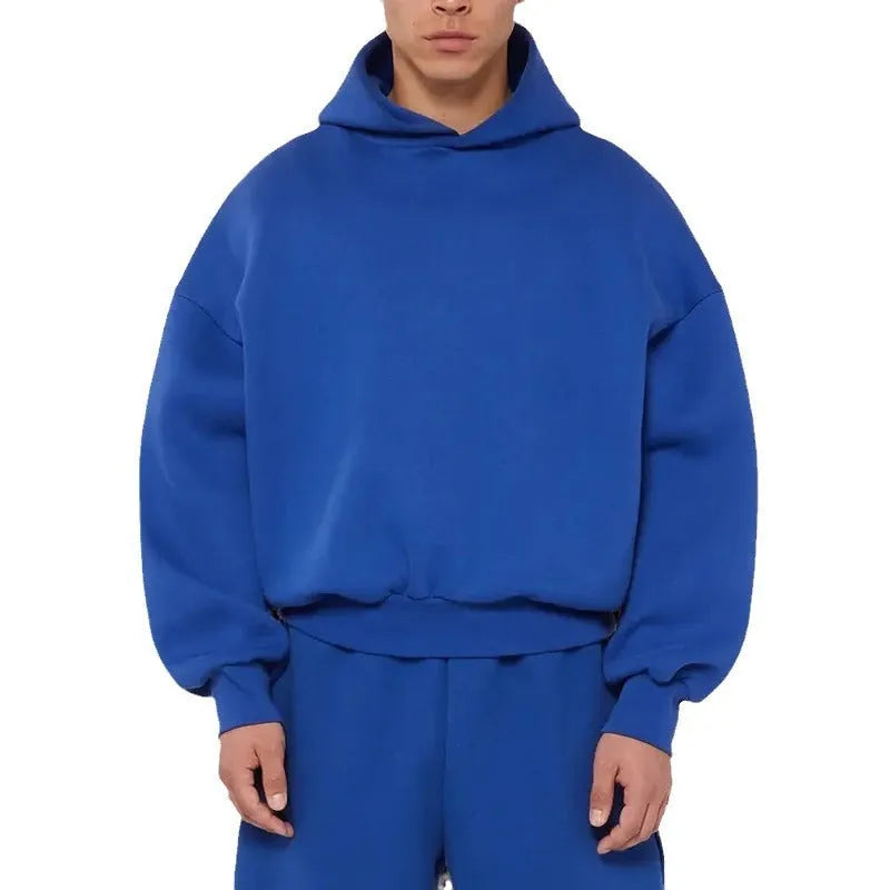Men's grey fleece-lined cotton pullover hoodie with wool lining shown front view