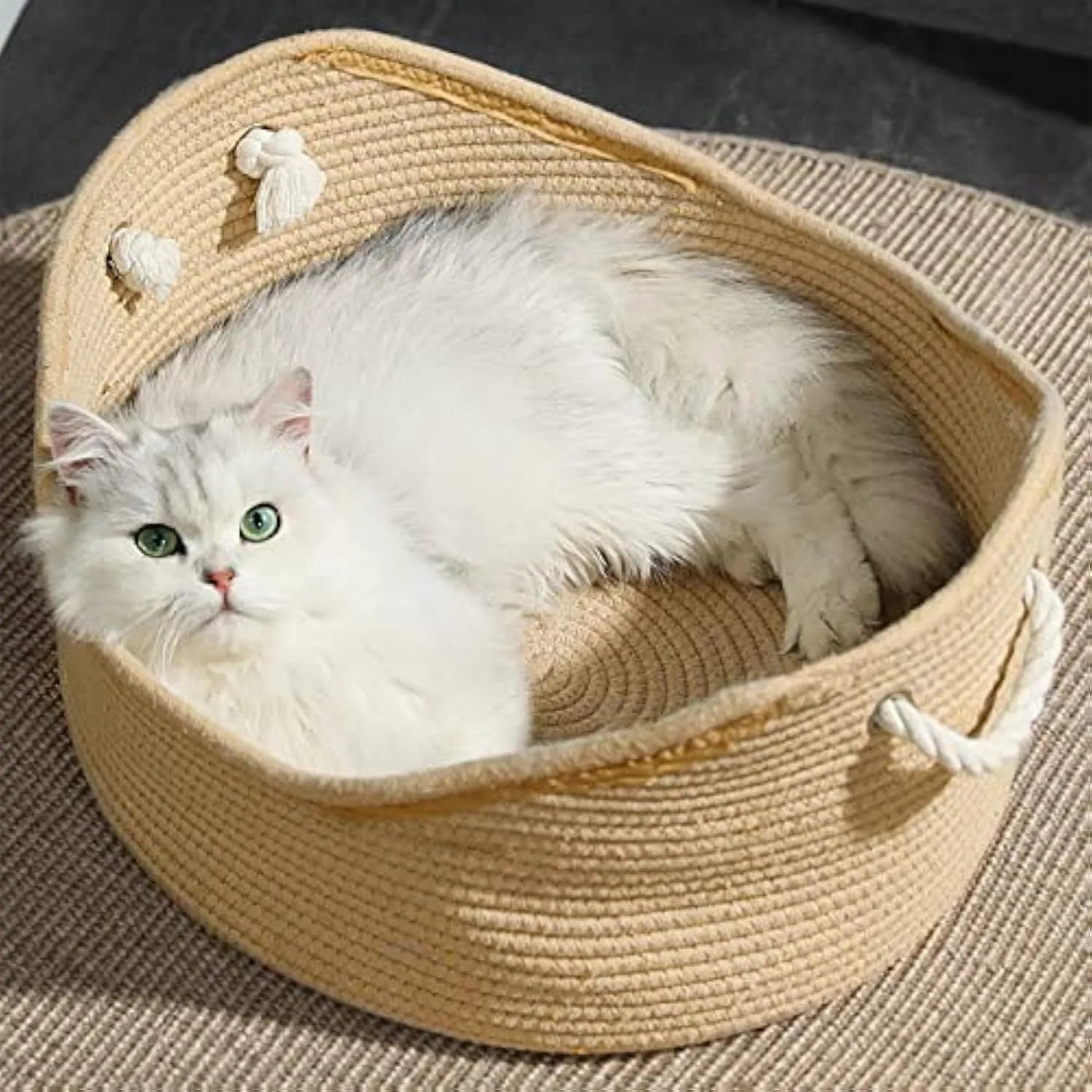 Wicker style cat bed basket with built-in corrugated scratching board in two size options
