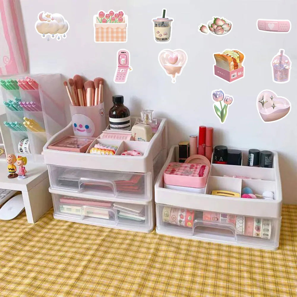 Pink girl heart realistic 3D decorative stickers in a cute style, 63 pieces per pack.