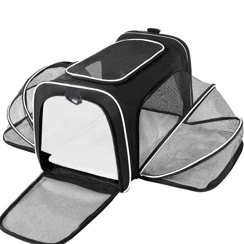 Cat carrier bag in black with red piping made from 600D cation fabric showing portable design