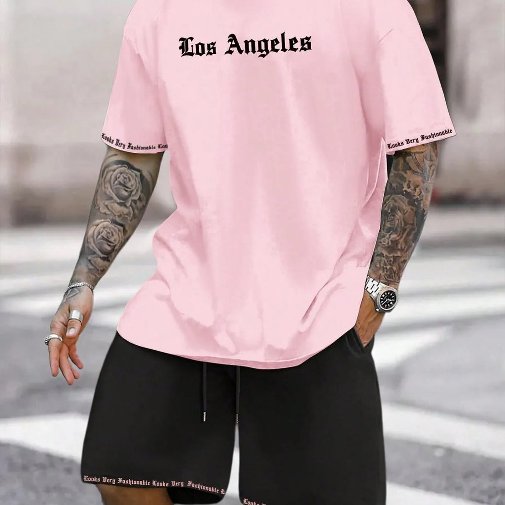 Men's sports shorts and t-shirt set in cotton blend fabric with printed pattern