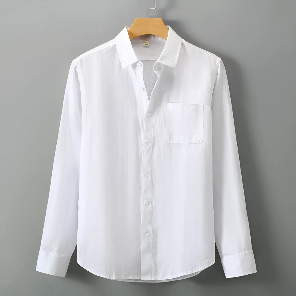 Linen long sleeve cardigan shirt in a loose Chinese style, shown in a solid colour.