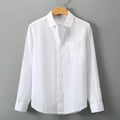 Linen long sleeve cardigan shirt in a loose Chinese style, shown in a solid colour.