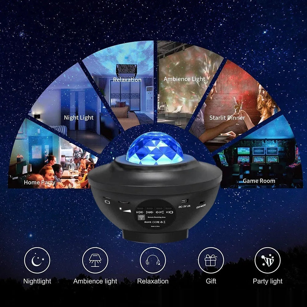 Black parallel style starry sky projection lamp with Bluetooth and rotating water ripple laser effects on a desktop.