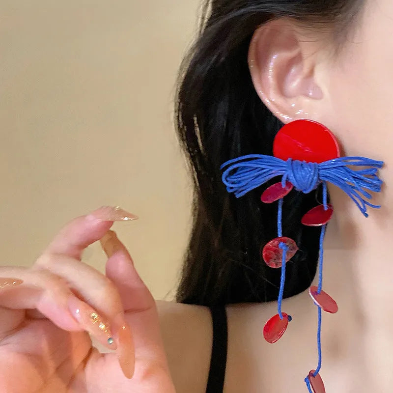 Handmade geometric women's earrings with blue resin flowers on cloth material, 30 Silver Needle colour