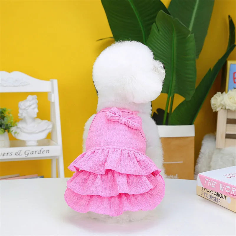 Small dog wearing a rose red polyester princess dress with a candy layered skirt.