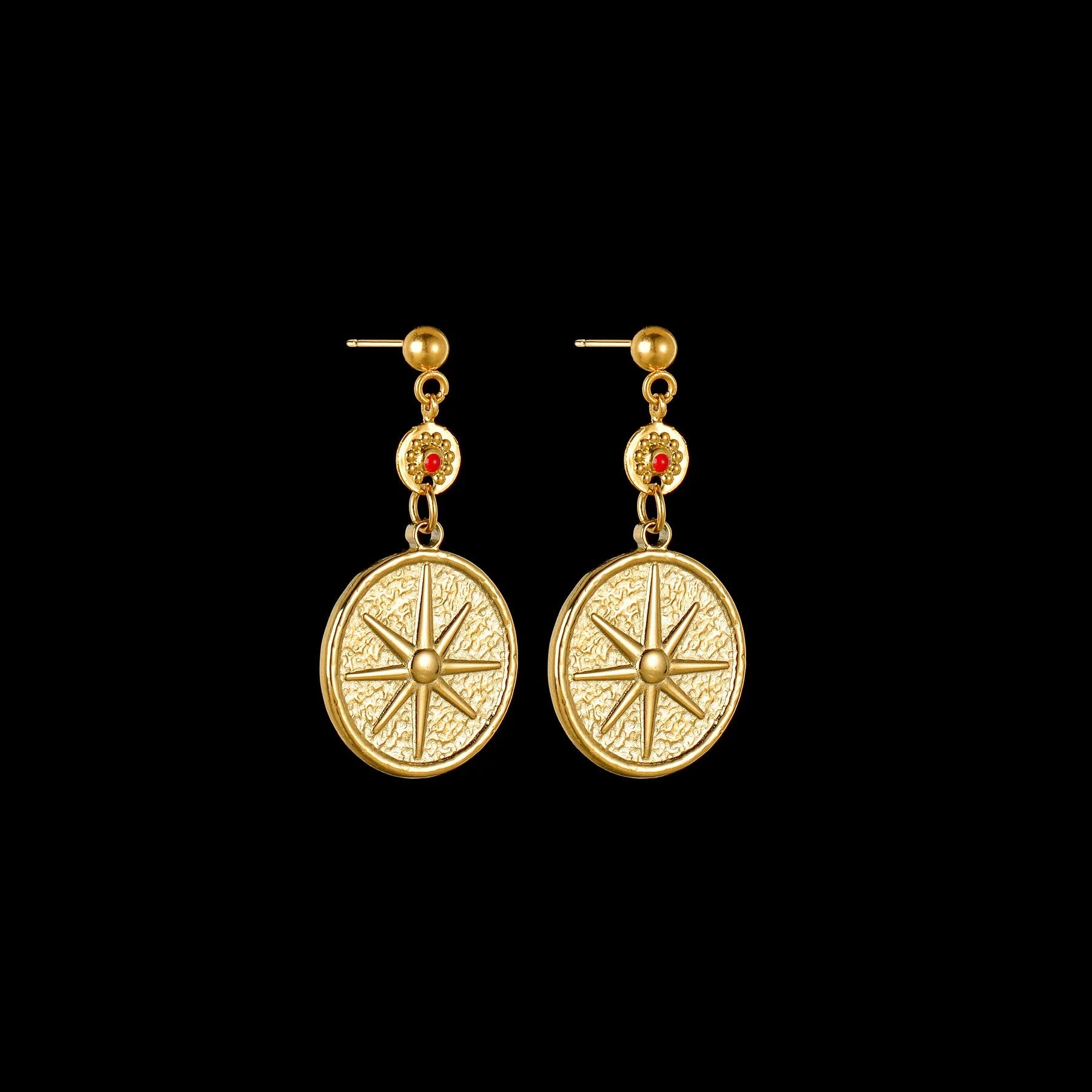 Geometric stainless steel statement earrings showing star, eye, and sun design options.