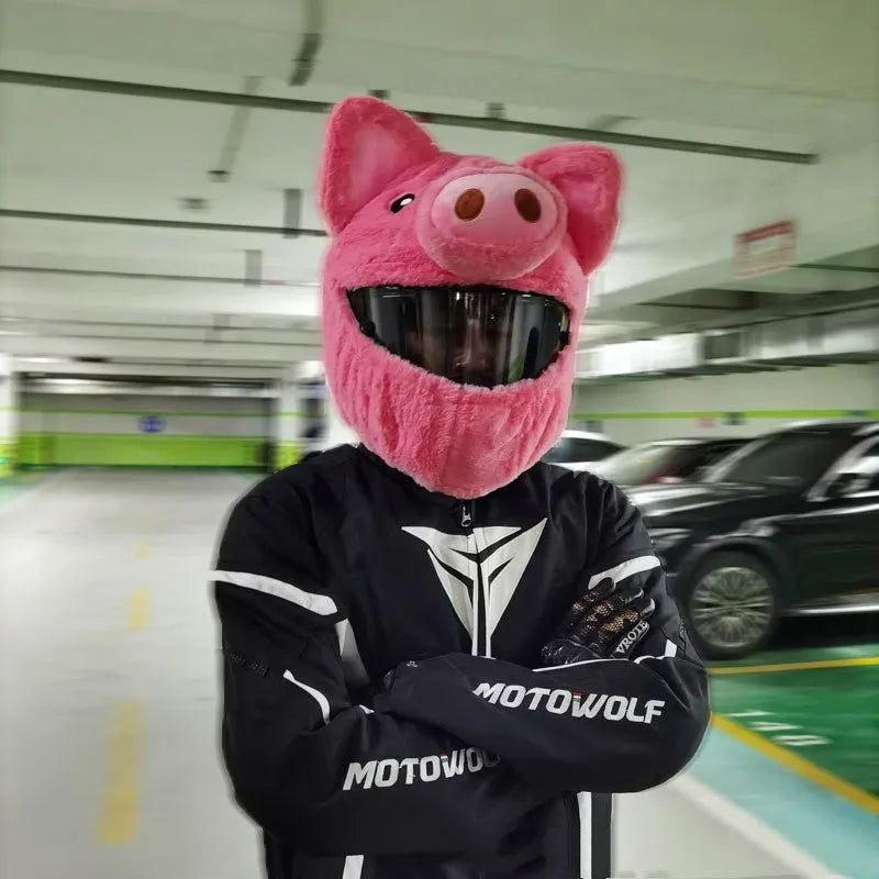 Pink Pig cartoon plush helmet protective hood cover for motorcycle helmets.