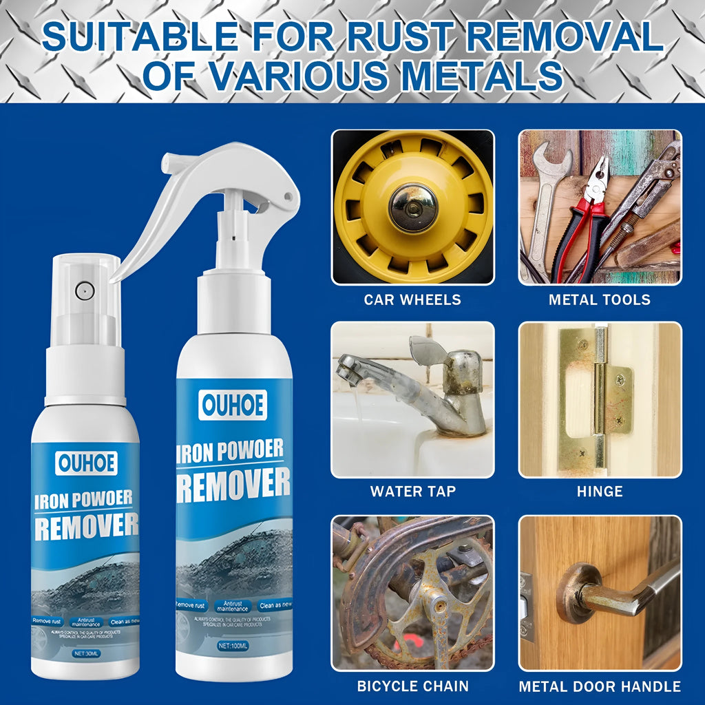 Car rust remover spray bottle with blue square sponge and towel applicators for automotive surface treatment